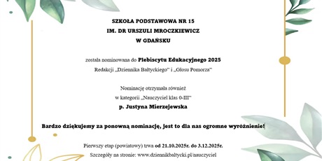 Nominacja dla SP 15 oraz Pani Justyny!