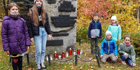 Powiększ grafikę: Uczniowie z Małego i Dużego Samorządu zapalili znicze pod pomnikiem Synów Pułku